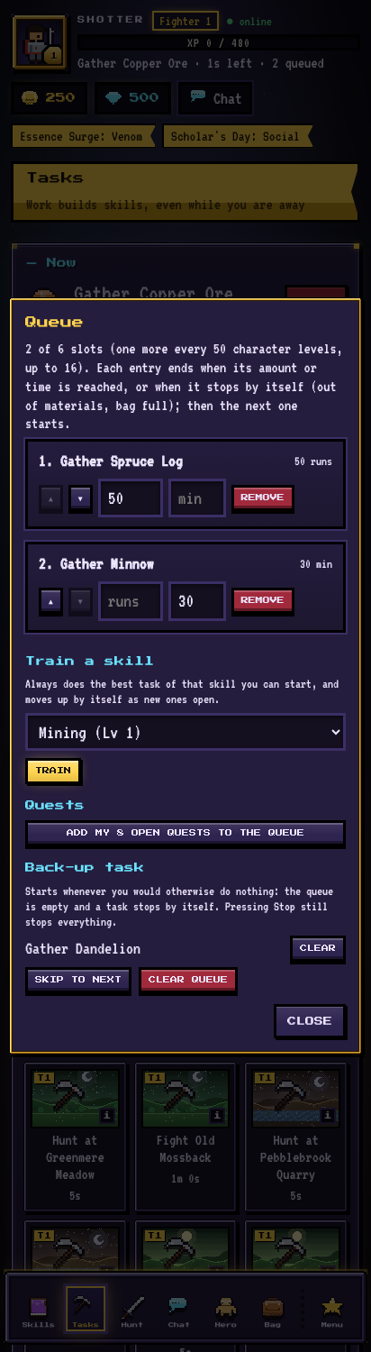 The Queue window: reorder tasks, train a skill, add quests, set a back-up task