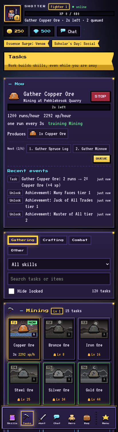 The Tasks screen: the running task, the queue and a skill's tasks